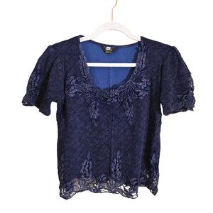 Luiselle Made In Italy Blue Mixed Media Crochet Lace Detail Top Size M